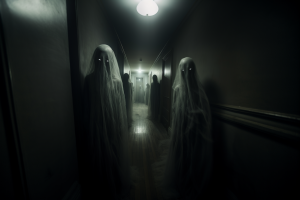 Shrouded figures with glowing eyes standing in dimly lit hallway 